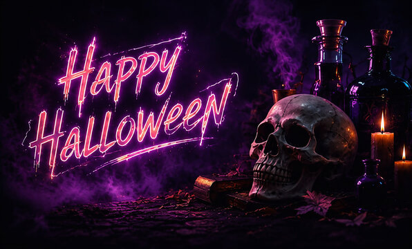 Skull with Candles and Neon Halloween Sign in Dark Spooky Atmosphere