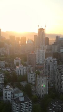 Aerial view of the skyscrapers in Downtown of Vancouver at dawn, Canada