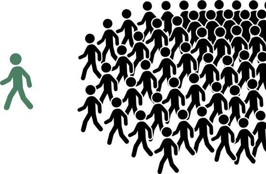 Green stick figure walking opposite to grey crowd concept