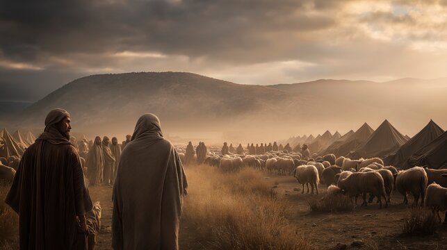 Jacob and Esau part peacefully after their reconciliation, each leading his family, servants, and flocks in a different direction, reflecting forgiveness, restored relationships, and God&rsquo;s faithful gu