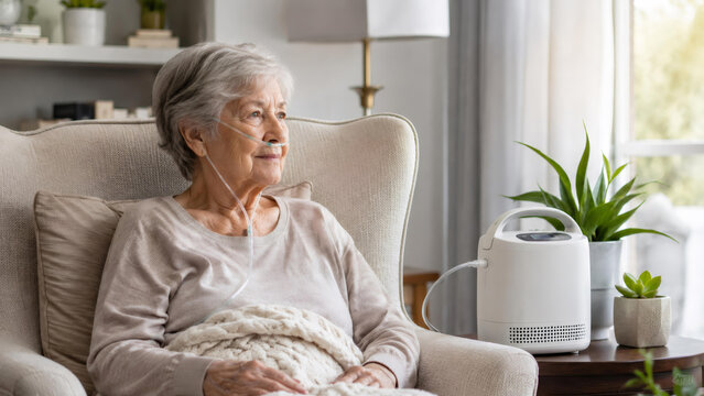 Senior woman with nasal cannula using portable oxygen concentrator at home. Respiratory therapy for pulmonary disease. Medical equipment for breathing support and chronic lung care.