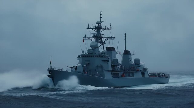 Modern Royal Navy Type 45 Destroyer HMS Dauntless Navigating Rough Seas Under Stormy Skies.