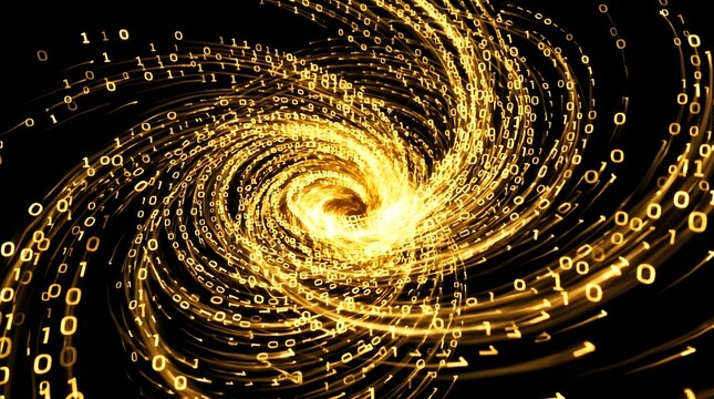Golden binary code streaming in a vibrant spiral formation creates a dynamic digital vortex of glowing light and complex information