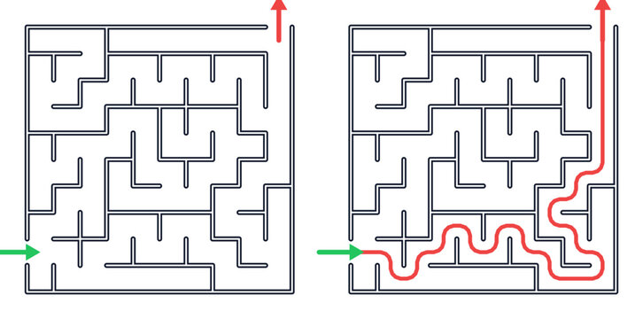 Square maze for kids, medium difficulty printable logic game, find the way from start to exit, line art, activity worksheet page with solution