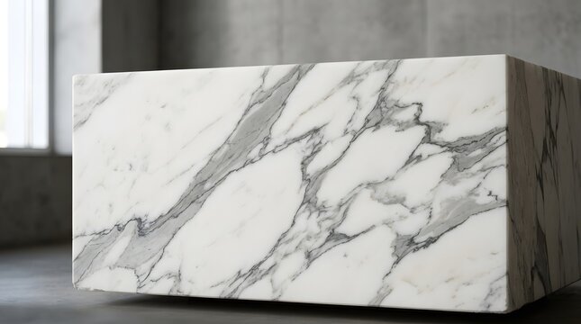 A sleek rectangular block made of polished white marble featuring intricate grey veining captured with high detail and soft lighting