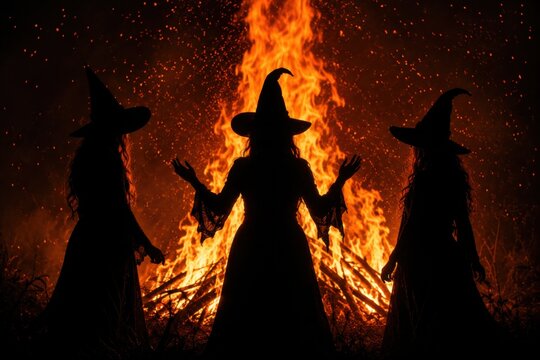 Silhouettes of three witches performing ritual in front of massive bonfire at
