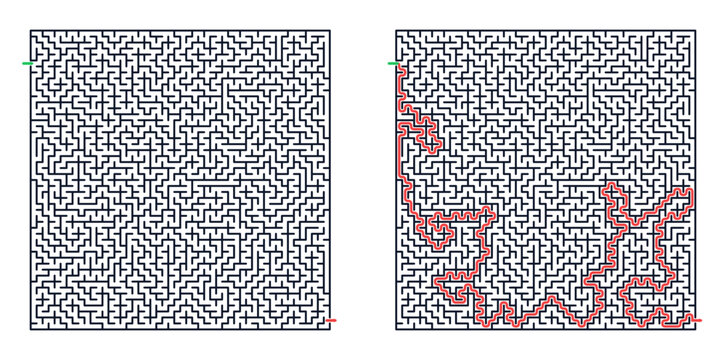 Square maze for adults, hard printable logic game, find the way from start to exit, black and white line art, activity worksheet page with solution
