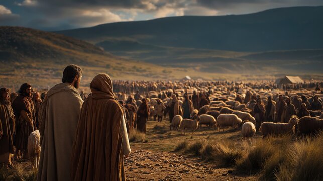Jacob and Esau part peacefully after their reconciliation, each leading his family, servants, and flocks in a different direction, reflecting forgiveness, restored relationships, and God&rsquo;s faithful gu