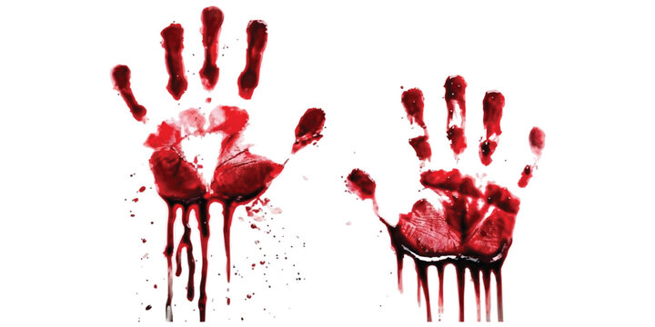 Two bloody hand prints with red ink stains and dripping liquid marks on a plain surface for horror design