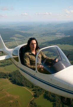 Woman piloting small airplane over green landscape