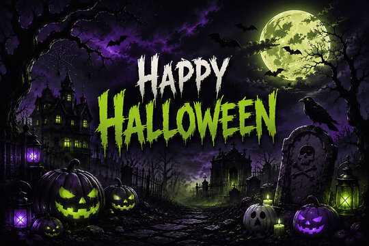 Halloween celebration with glowing jack-o-lanterns and full moon in dark spooky forest