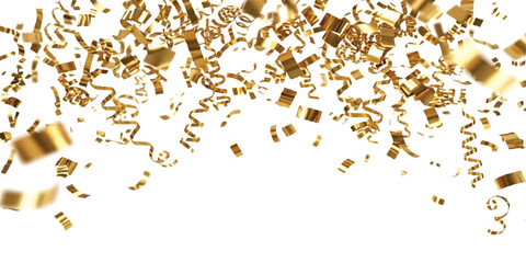 Shiny gold confetti and curled ribbons falling down for a festive party celebration or holiday event background © mahedi