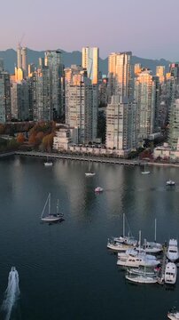 Aerial view of the skyscrapers in Downtown of Vancouver at sunset, Canada