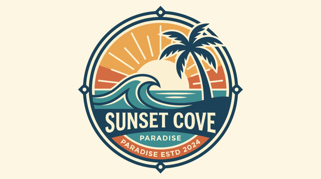 This vibrant logo encapsulates the spirit of a beach paradise with its stylized sun, waves, and palm trees, creating an inviting atmosphere for any tropical setting.