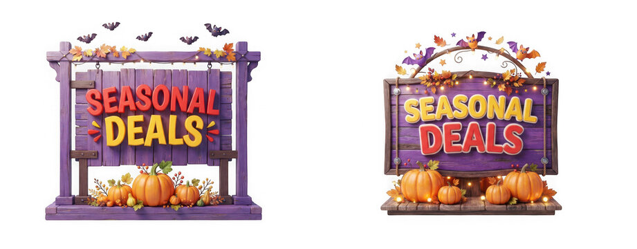 Set of two wooden signs with seasonal deals text, pumpkins, and bats, isolated on transparent background