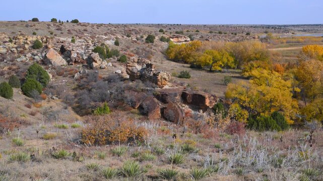 Landscape in Black Mesa State Park and Nature Preserve, Oklahoma, USA, renowned for its unique volcanic rock formations and the convergence of Great Plains prairie ecosystems.