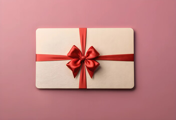 Fototapeta premium Gift certificate with red ribbon bow on pink background
