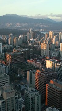 Aerial view of the skyscrapers in Downtown of Vancouver at dawn, Canada