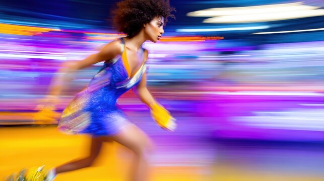 Rollerblading Speedster: A stylish woman with an afro and a vibrant dress races forward on rollerblades, streaks of color and light blurring behind her.