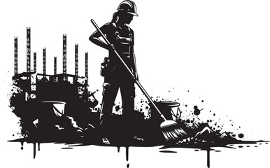 Obraz premium Construction site cleaning: a dedicated worker sweeps near a dev