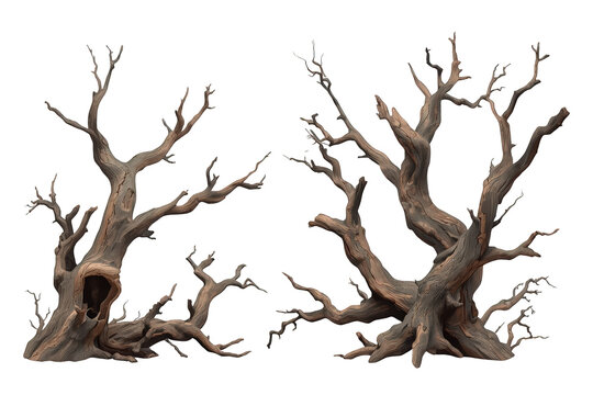 Gnarled old spooky trees with twisted branches and hollow trunk creating an eerie atmosphere on a transparent background