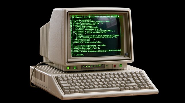 Retro computer system with glowing green CRT monitor displaying code