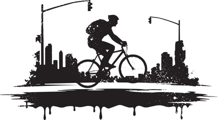 Obraz premium Urban cyclist silhouette riding through a city skyline with grun