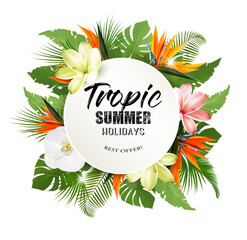 Obraz premium Summer Holiday Background With Tropical Plants And Exotic Flowers. Vector