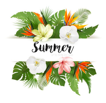 Summer Holiday Background With Tropical Plants And Exotic Flowers. Vector