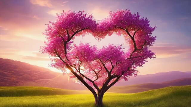 Heart-Shaped Tree Blooming in a Lush Meadow at Sunset - Symbol of Love and Nature's Beauty