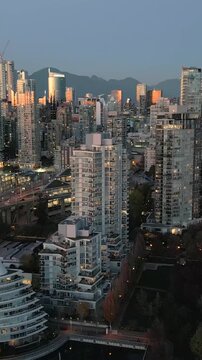 Aerial view on downtown of Vancouver at dusk, Canada