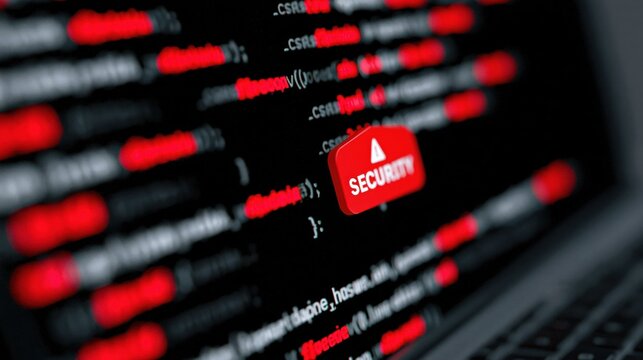 Red flagged code lines on screen with security alert button