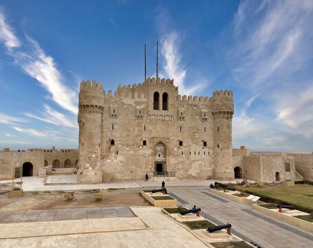 A view from the 15th-century Qaitbay Fort in Alexandria, Egypt. It was built from stones remaining from the Lighthouse of Alexandria, one of the wonders of the ancient world.