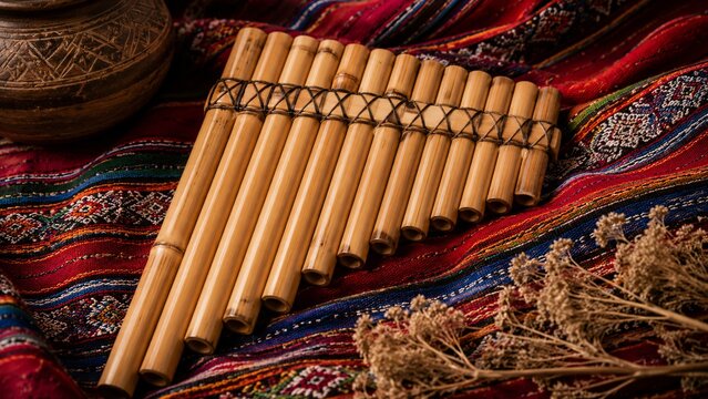 Traditional Andean pan flute resting on a colorful woven textile