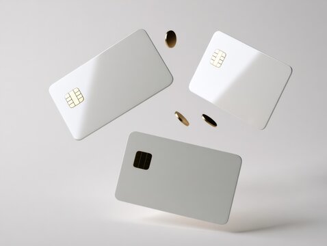 Four blank white credit cards with gold chips are floating above a light gray surface, creating a simple fintech mockup with soft shadows.