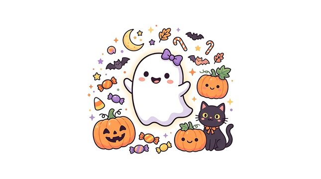 Halloween cartoon ghost, cat and pumpkins surrounded by candy