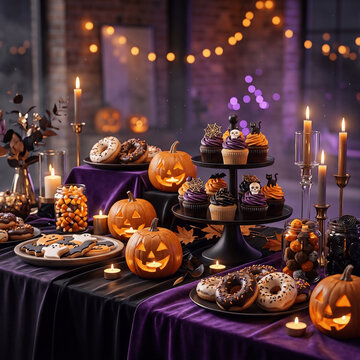 Halloween dessert table display with pumpkins, donuts, and candles in moody evening lighting