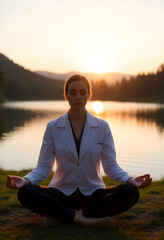 Fototapeta premium Young woman in white coat meditating by lake at sunset
