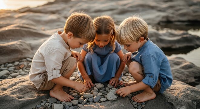 Three children playing with stones on a rocky beach at sunset
