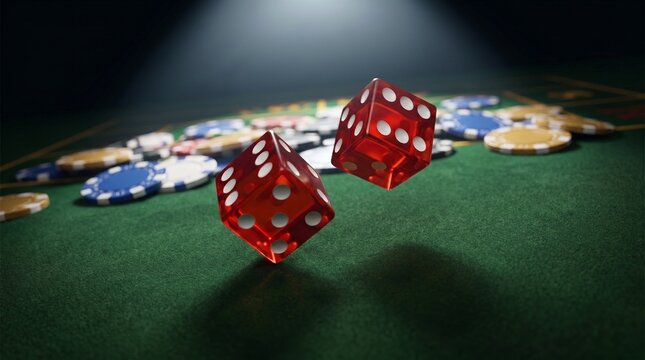 Red dice rolling on casino table with colorful poker chips  