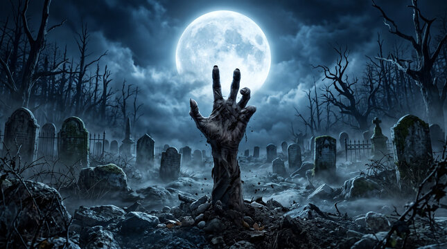 Zombie hand reaching from grave in graveyard under full moon night