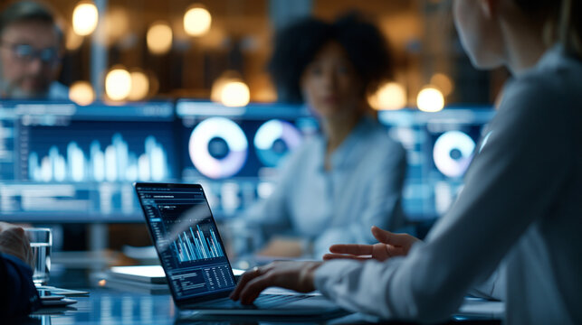 Faceless business team meeting in a glass conference room reviewing digital dashboards, sharing updates and agreeing on clear priorities while turning performance data into