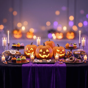 Halloween dessert table with carved pumpkins and lit candles in dim purple lighting