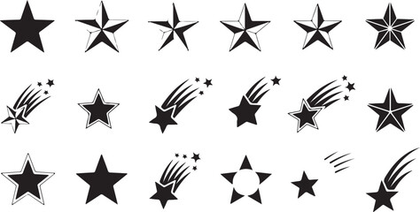 A collection of various black star shapes and shooting star icons, featuring different styles and designs on a white background. © crea8ive