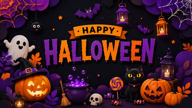 Halloween celebration with pumpkins, bats, and spooky decorations on dark background