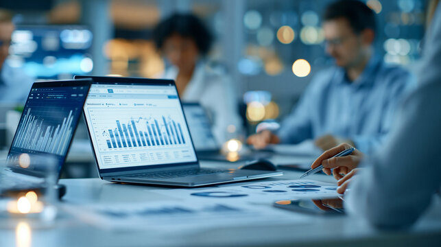 Faceless business team in a glass conference room reviewing financial dashboards, sharing printed reports and discussing performance trends while agreeing on strategy using