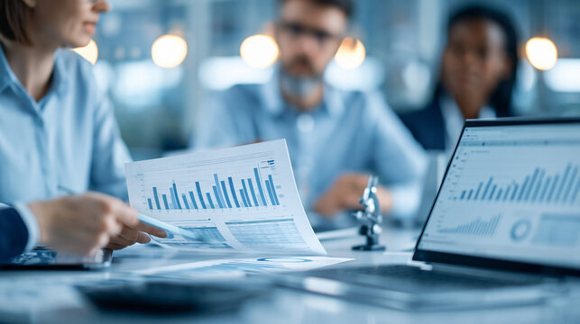 Faceless business team in a glass conference room reviewing financial dashboards, sharing printed reports and discussing performance trends while agreeing on strategy using