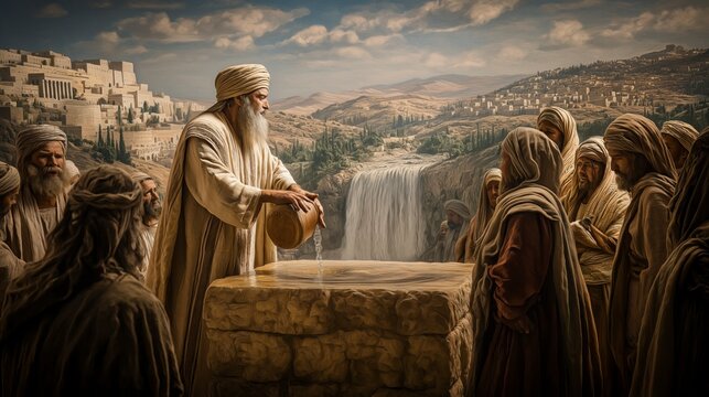 Elijah pours water over the sacrifice on Mount Carmel&rsquo;s stone altar before the gathered people, demonstrating unwavering faith as he calls upon the living God to reveal His power.