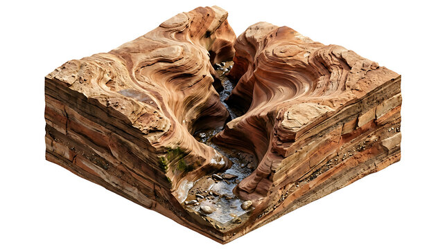 Detailed isolated 3D rendering of a stylized river canyon with visible geological layers