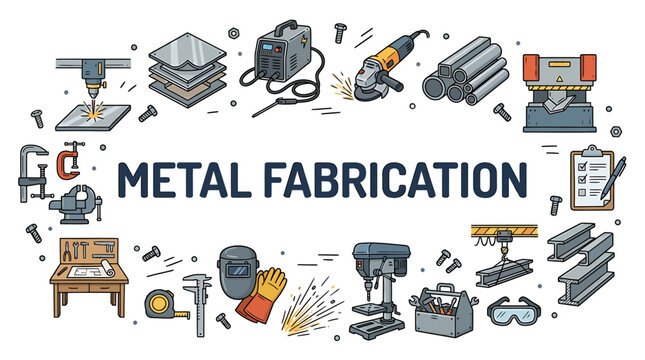 Comprehensive concept illustrating the extensive range of tools, machinery, and processes involved in professional metal fabrication for industrial applications and engineering projects